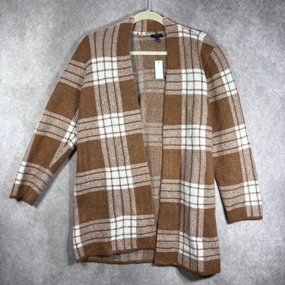 Talbots Cardigan Womens PL Brown Plaid Open Front Cardigan Casual Thick NEW